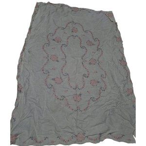 1950s White Kinen Hand Stitched Pink Grey Embroidered Flowers 47x62 in Vintage